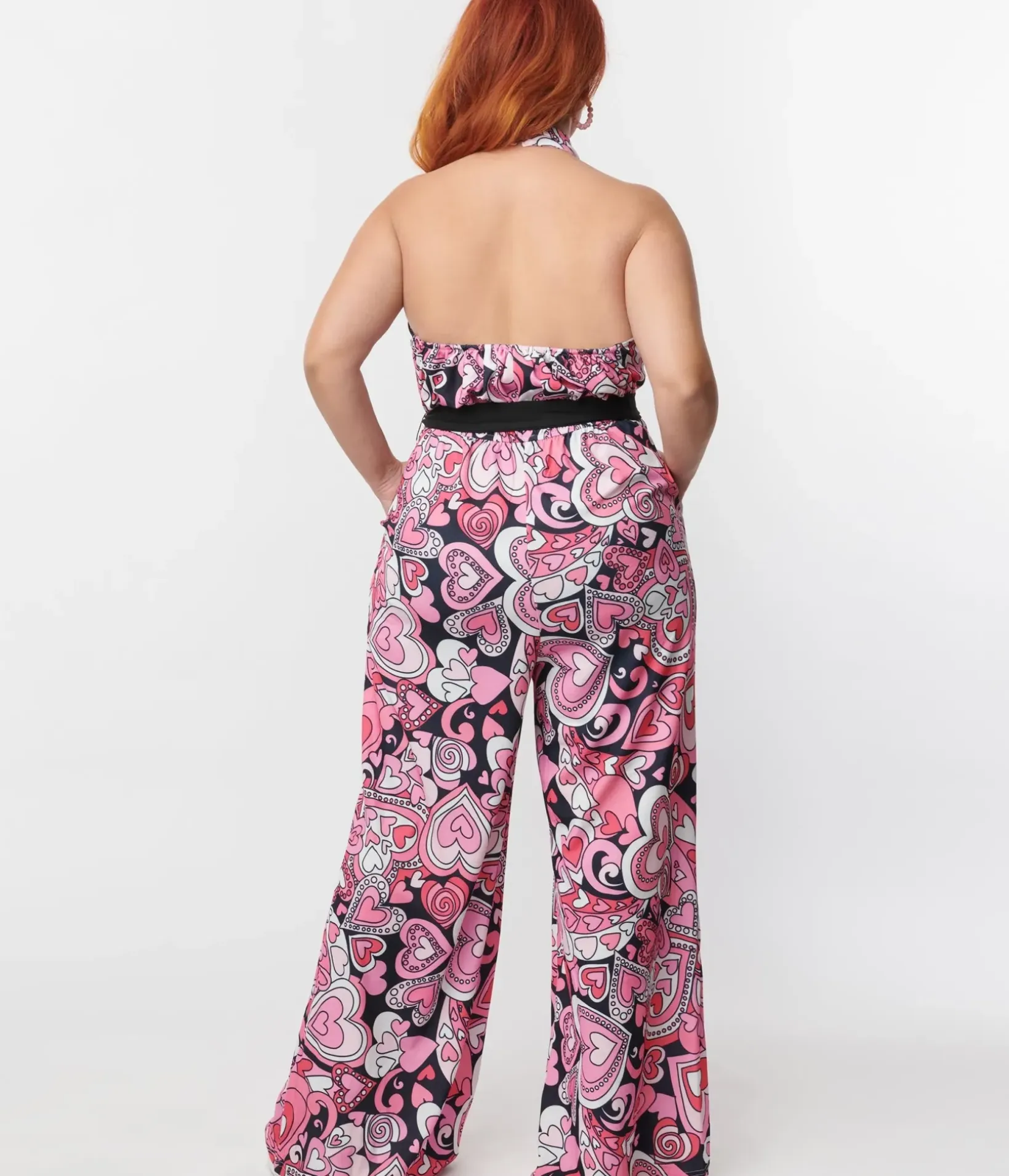 Unique Vintage All Things Pink>Smak Parlour Plus Size 1970s Black & Pink Psychedelic Hearts Draped Darling Jumpsuit