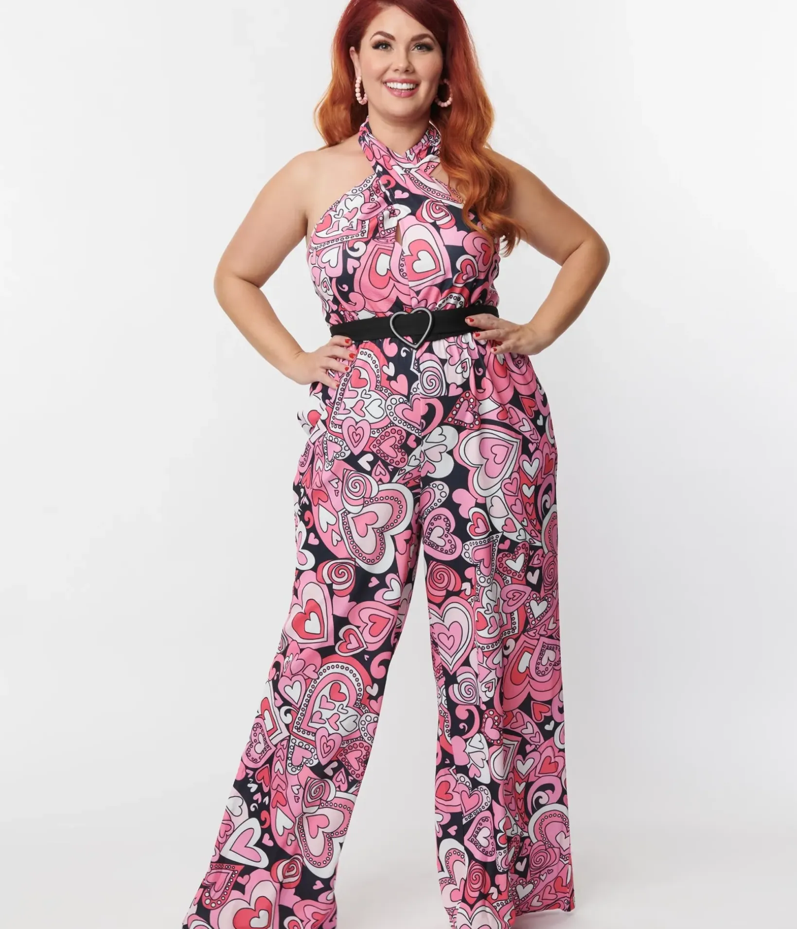 Unique Vintage All Things Pink>Smak Parlour Plus Size 1970s Black & Pink Psychedelic Hearts Draped Darling Jumpsuit
