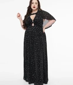 Unique Vintage Maxi|Midi & Maxi>Smak Parlour Plus Size 1970s Black & Silver Star Cape Maxi Dress
