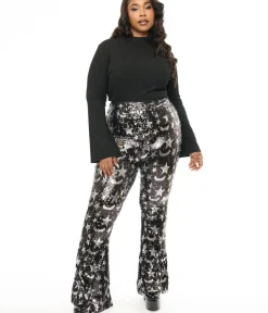 Unique Vintage Pants|Pants>Smak Parlour Plus Size 1960s Black & Silver Star Sequin High Waist Flare Pants