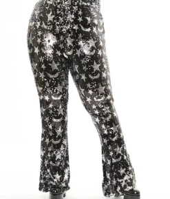 Unique Vintage Pants|Pants>Smak Parlour Plus Size 1960s Black & Silver Star Sequin High Waist Flare Pants
