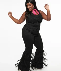 Unique Vintage Pants|Pants>Smak Parlour Plus Size 1970s Black Suede Tassel Flare Pants