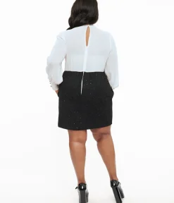 Unique Vintage Pocket Dresses|Everyday Dresses>Smak Parlour Plus Size 1960s Black & White Ruffle Neck A-Line Dress