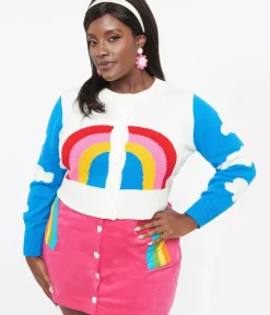 Unique Vintage Sweaters & Cardigans|Sweaters & Cardigans>Smak Parlour Plus Size 1960s Blue & Rainbow Clouds Cardigan