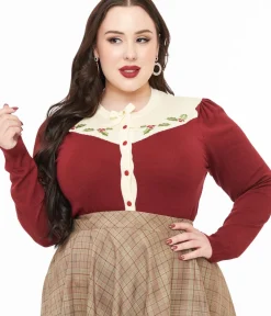 Unique Vintage Sweaters & Cardigans>Smak Parlour Plus Size 1960s Burgundy & Ivory Mistletoe Cardigan