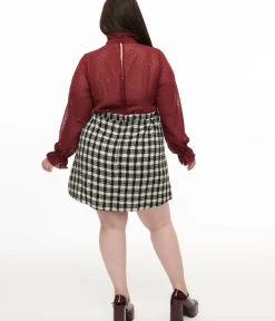 Unique Vintage Pocket Dresses|Everyday Dresses>Smak Parlour Plus Size 1960s Burgundy & Plaid Ruffle Neck Empire A-Line Dress