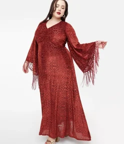 Unique Vintage Maxi|Midi & Maxi>Smak Parlour Plus Size 1970s Burgundy Velvet Burnout Fringe Sleeve Maxi Dress