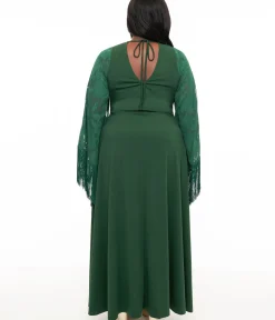 Unique Vintage Maxi|Everyday Dresses>Smak Parlour Plus Size 1970s Green Fringe Sleeve Maxi Dress