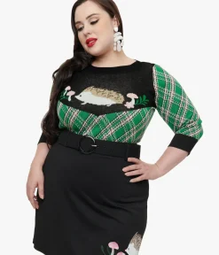 Unique Vintage Sweaters & Cardigans|Sweaters & Cardigans>Smak Parlour Plus Size 1960s Green Plaid & Hedgehog Sweater