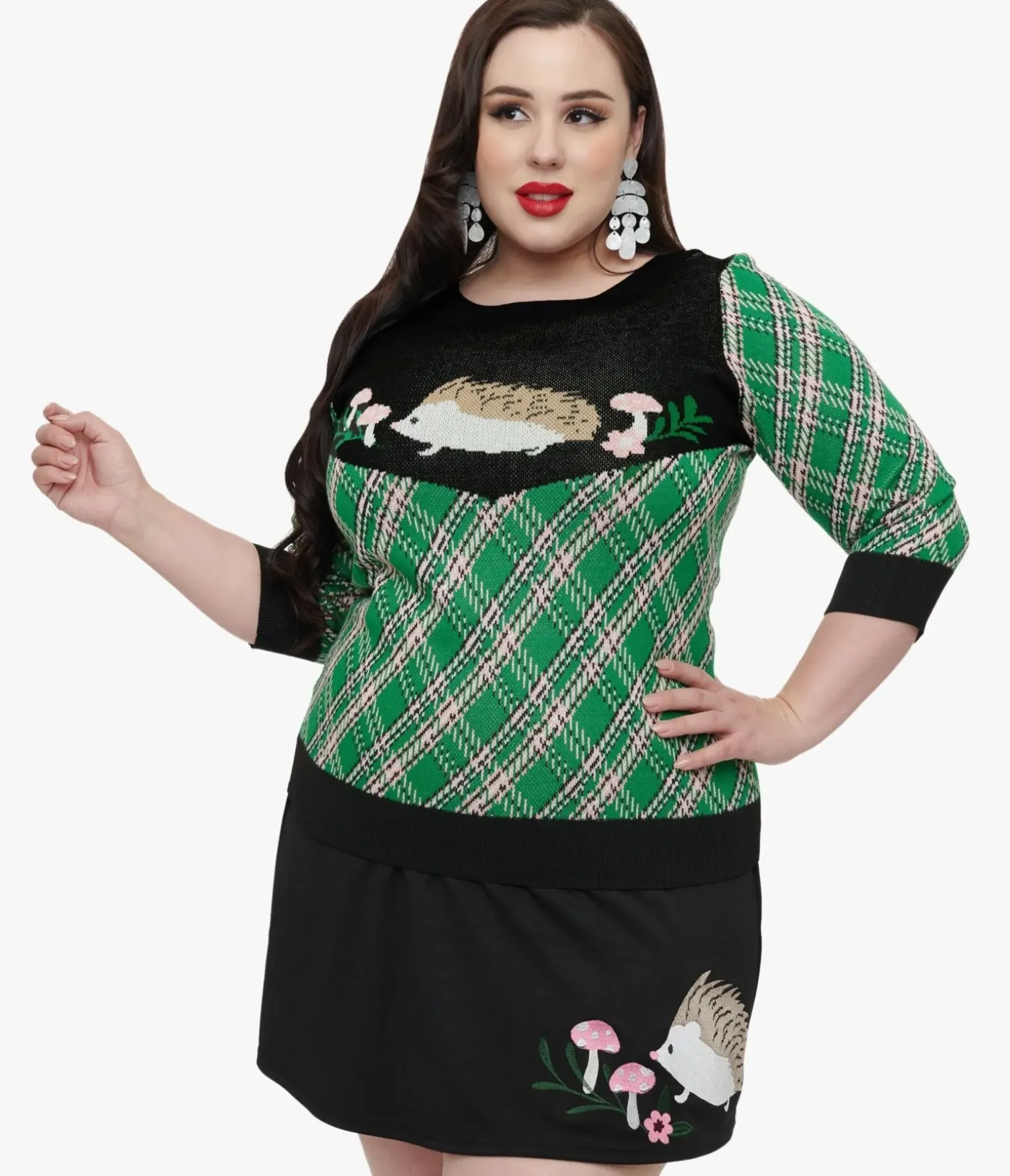 Unique Vintage Sweaters & Cardigans|Sweaters & Cardigans>Smak Parlour Plus Size 1960s Green Plaid & Hedgehog Sweater