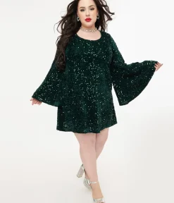 Unique Vintage Fit & Flare|Pocket Dresses>Smak Parlour Plus Size 1960s Green Sequin Downtown Scene Mini Dress
