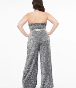 Unique Vintage Rompers & Jumpsuits>Smak Parlour Plus Size Silver Sequin Glamour Goddess Jumpsuit