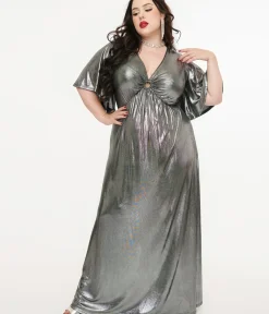 Unique Vintage Maxi|Midi & Maxi>Smak Parlour Plus Size 1970s Metallic Silver Cutout Maxi Dress