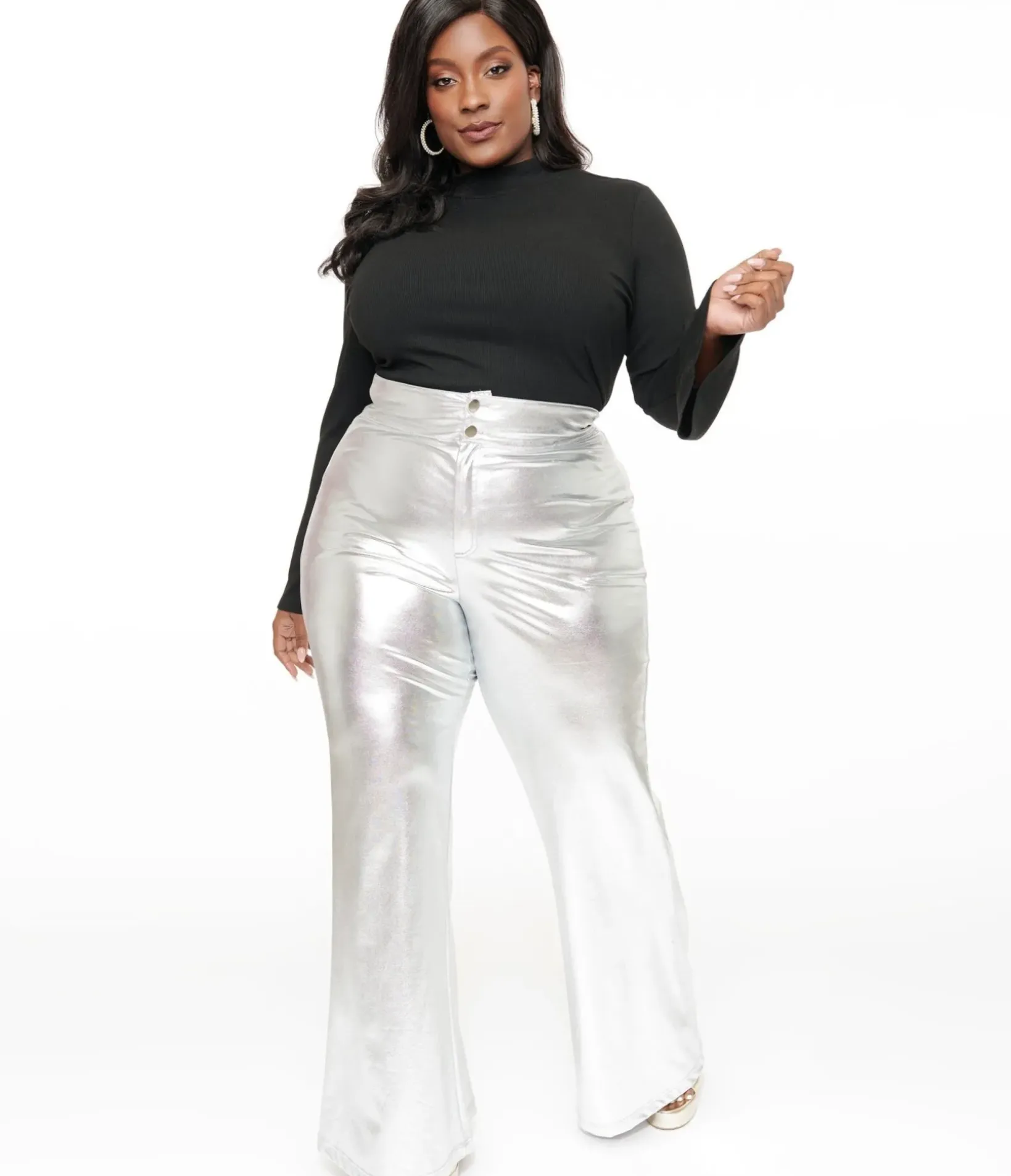 Unique Vintage Pants|Pants>Smak Parlour Plus Size 1960s Metallic Silver High Waist Flare Pants