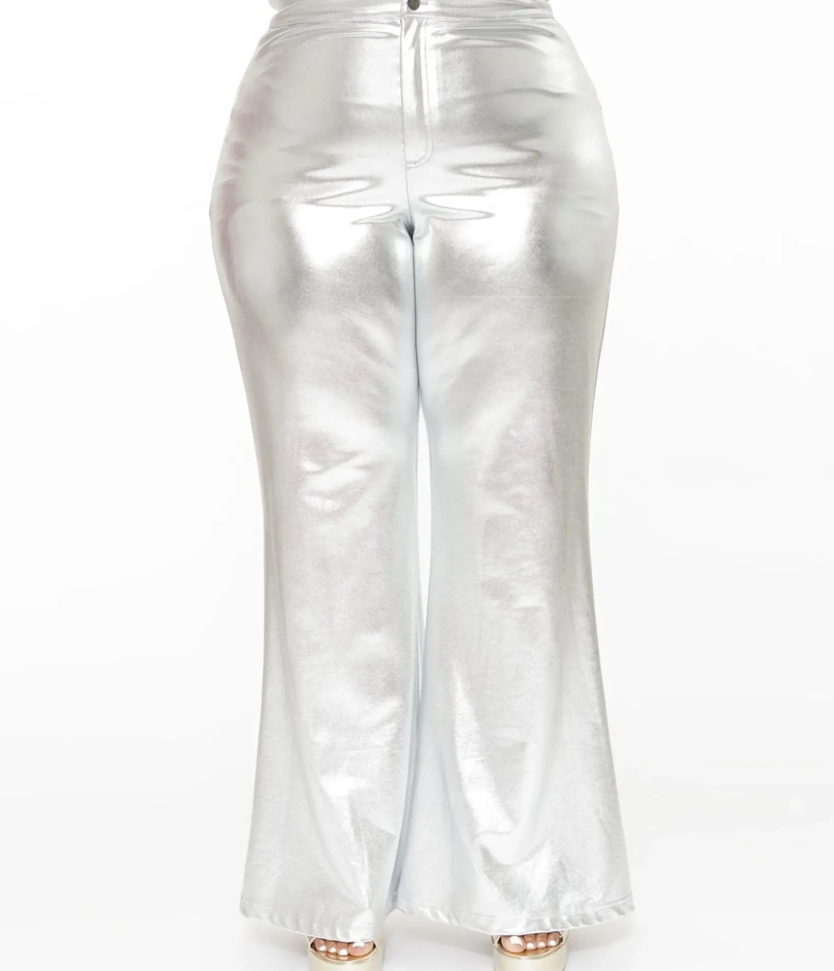Unique Vintage Pants|Pants>Smak Parlour Plus Size 1960s Metallic Silver High Waist Flare Pants