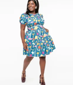 Unique Vintage Fit & Flare|Fit & Flare>Smak Parlour Plus Size 1960s Navy.& Rainbow Mushroom Open Back Flare Dress