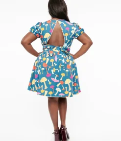 Unique Vintage Fit & Flare|Fit & Flare>Smak Parlour Plus Size 1960s Navy.& Rainbow Mushroom Open Back Flare Dress