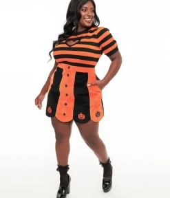 Unique Vintage Skirts|Halloween>Smak Parlour Plus Size 1960s Orange & Black Pumpkin Corduroy Mini Skirt