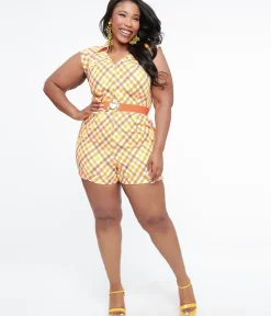 Unique Vintage Rompers & Jumpsuits>Smak Parlour Plus Size 1970s Pumpkin Spice Gingham Belted Romper