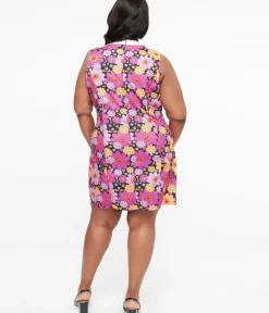 Unique Vintage Pocket Dresses|Everyday Dresses>Smak Parlour Plus Size 1960s Purple & Orange Pumpkin Floral Mod Shift Dress