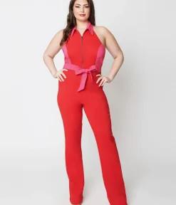 Unique Vintage Rompers & Jumpsuits|Rompers & Jumpsuits>Smak Parlour Plus Size 1970s Red & Pink Heart Pocket Front Zip Halter Jumpsuit