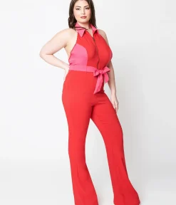 Unique Vintage Rompers & Jumpsuits|Rompers & Jumpsuits>Smak Parlour Plus Size 1970s Red & Pink Heart Pocket Front Zip Halter Jumpsuit