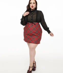 Unique Vintage Everyday Dresses|All Things Red>Smak Parlour Plus Size 1960s Red Plaid & Black Ruffle Neck A-Line Dress