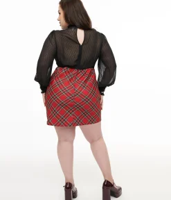 Unique Vintage Everyday Dresses|All Things Red>Smak Parlour Plus Size 1960s Red Plaid & Black Ruffle Neck A-Line Dress
