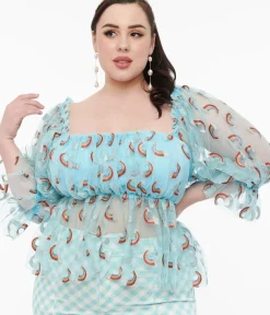 Unique Vintage Blouses|Blouses>Smak Parlour Plus Size 1960s Sky Blue & Glitter Rainbow Mesh Ruffle Babydoll Top