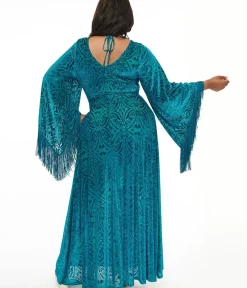 Unique Vintage Maxi|Midi & Maxi>Smak Parlour Plus Size 1970s Teal Floral Fringe Sleeve Maxi Dress