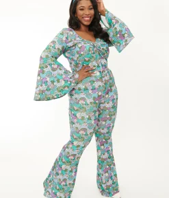 Unique Vintage Pants|Pants>Smak Parlour Plus Size 1970s Teal Groovy Mushrooms Find Your Flare Pants