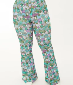 Unique Vintage Pants|Pants>Smak Parlour Plus Size 1970s Teal Groovy Mushrooms Find Your Flare Pants