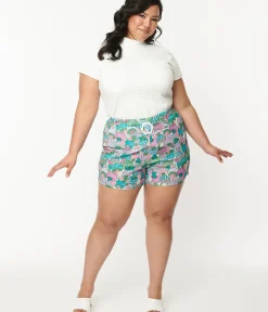 Unique Vintage Shorts|Shorts>Smak Parlour Plus Size Teal Groovy Mushrooms Shorts