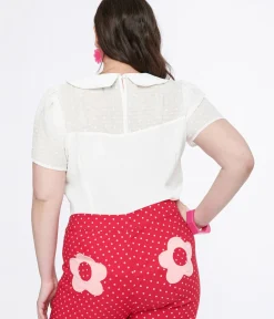 Unique Vintage Blouses|Blouses>Smak Parlour Plus Size White & Pink Collared Bow Blouse