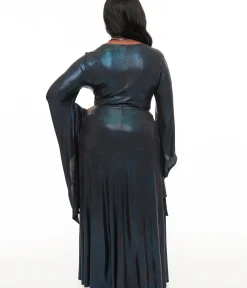 Unique Vintage Maxi|Midi & Maxi>Smak Parlour Plus Size Y2K Iridescent Dark Blue Bat Wing Sleeve Maxi Dress