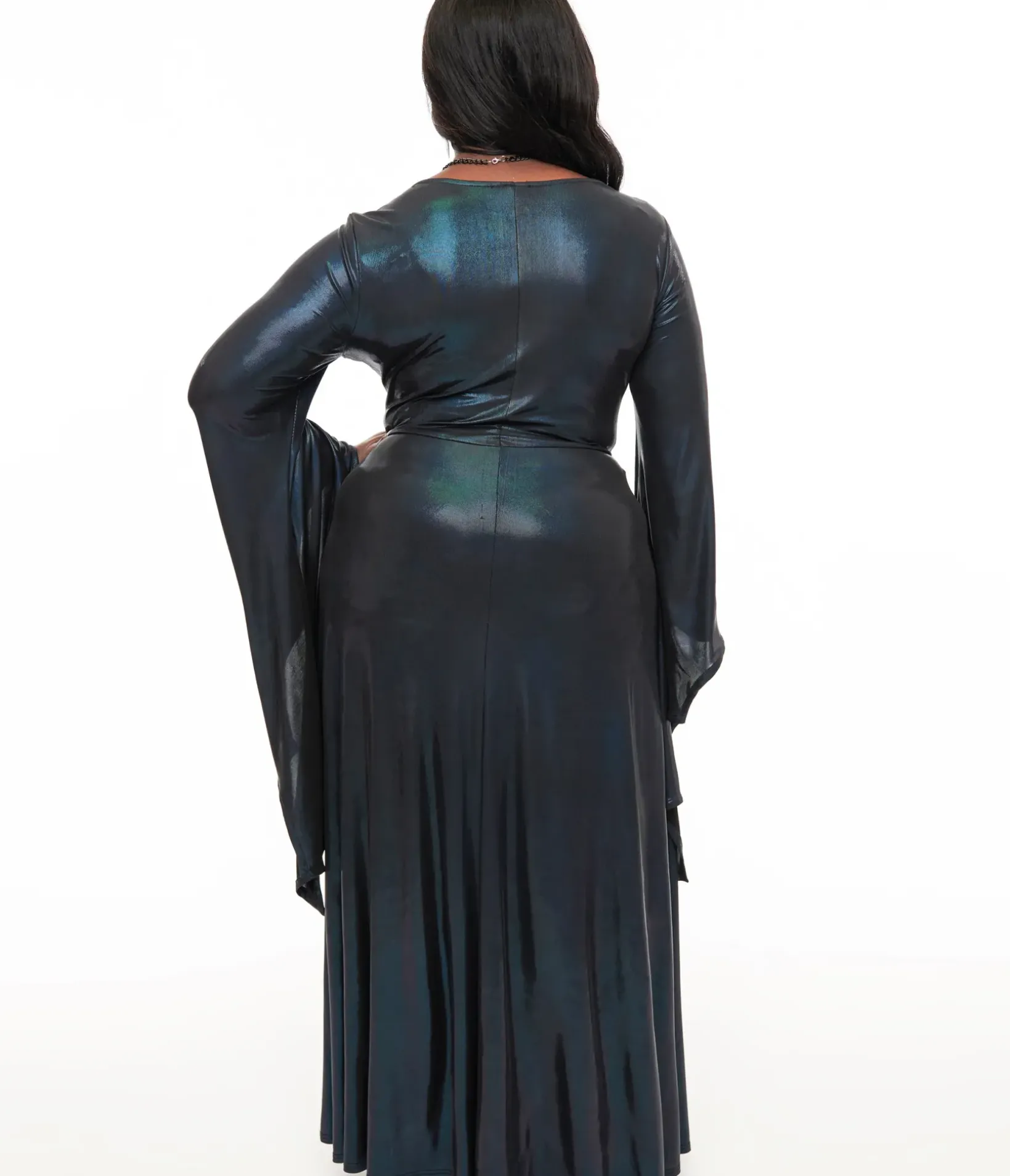 Unique Vintage Maxi|Midi & Maxi>Smak Parlour Plus Size Y2K Iridescent Dark Blue Bat Wing Sleeve Maxi Dress