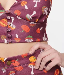 Unique Vintage Halloween>Smak Parlour Purple Pumpkin & Mushrooms Feelin Groovy Crop Top