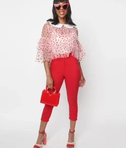 Unique Vintage Pants|All Things Red>Smak Parlour Red & Polka Dot Heart Pocket Smarty Pants Capri