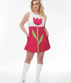 Unique Vintage Pocket Dresses|Everyday Dresses>Smak Parlour Retro Style White & Pink Tulip Flower Power Shift Dress