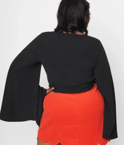 Unique Vintage All Things Black|Work Wear>Smak Parlour 1970s Black Bell Sleeve Wrap Top