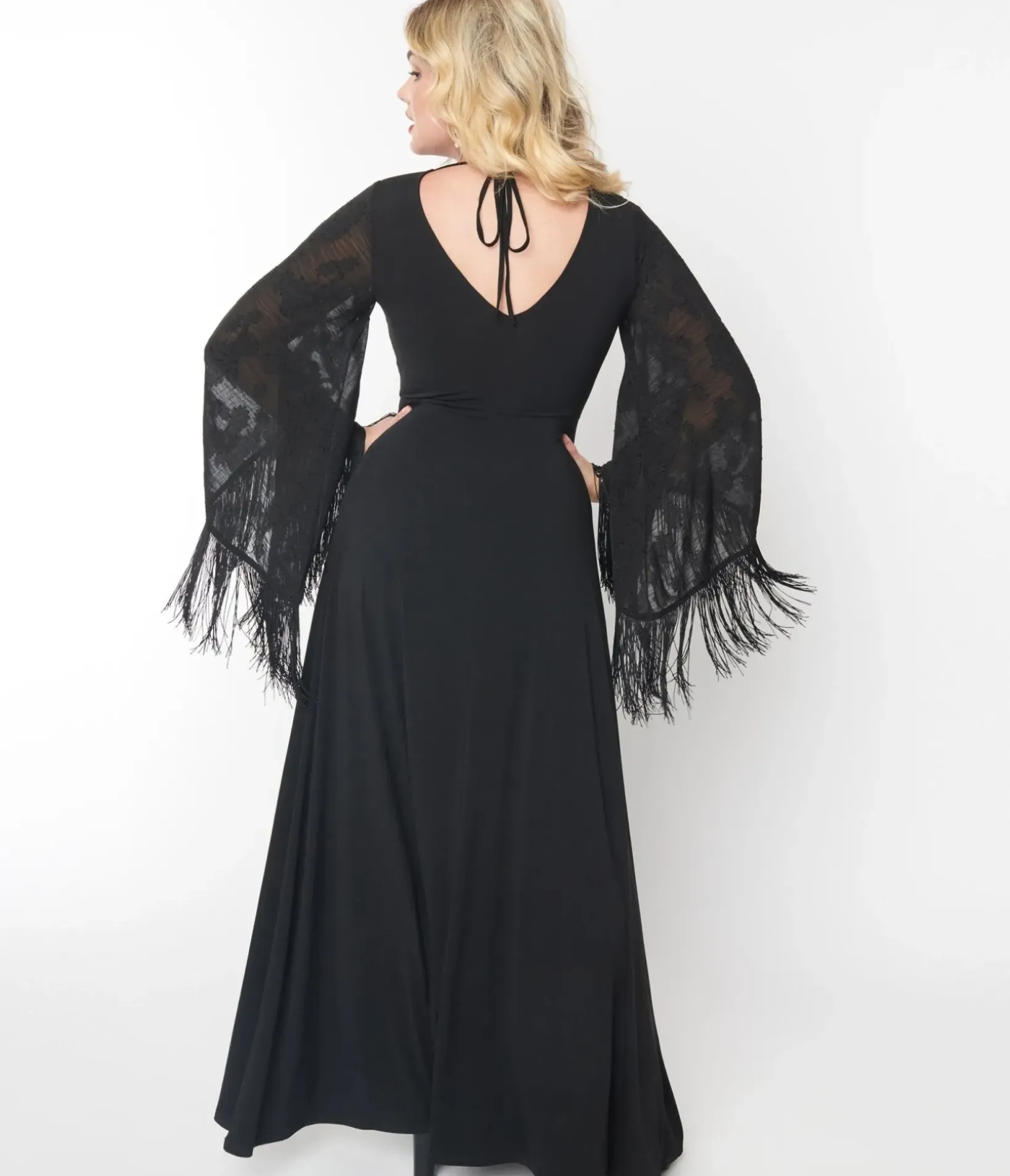 Unique Vintage Maxi|Everyday Dresses>Smak Parlour 1970s Black Floral Fringe Sleeve Maxi Dress