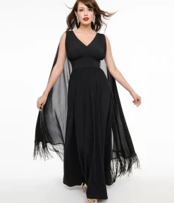 Unique Vintage Maxi|Everyday Dresses>Smak Parlour 1970s Black Fringe Cape Maxi Dress