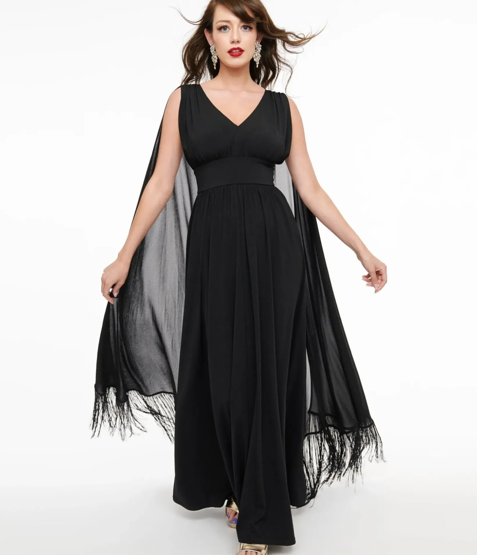 Unique Vintage Maxi|Everyday Dresses>Smak Parlour 1970s Black Fringe Cape Maxi Dress