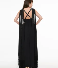 Unique Vintage Maxi|Everyday Dresses>Smak Parlour 1970s Black Fringe Cape Maxi Dress