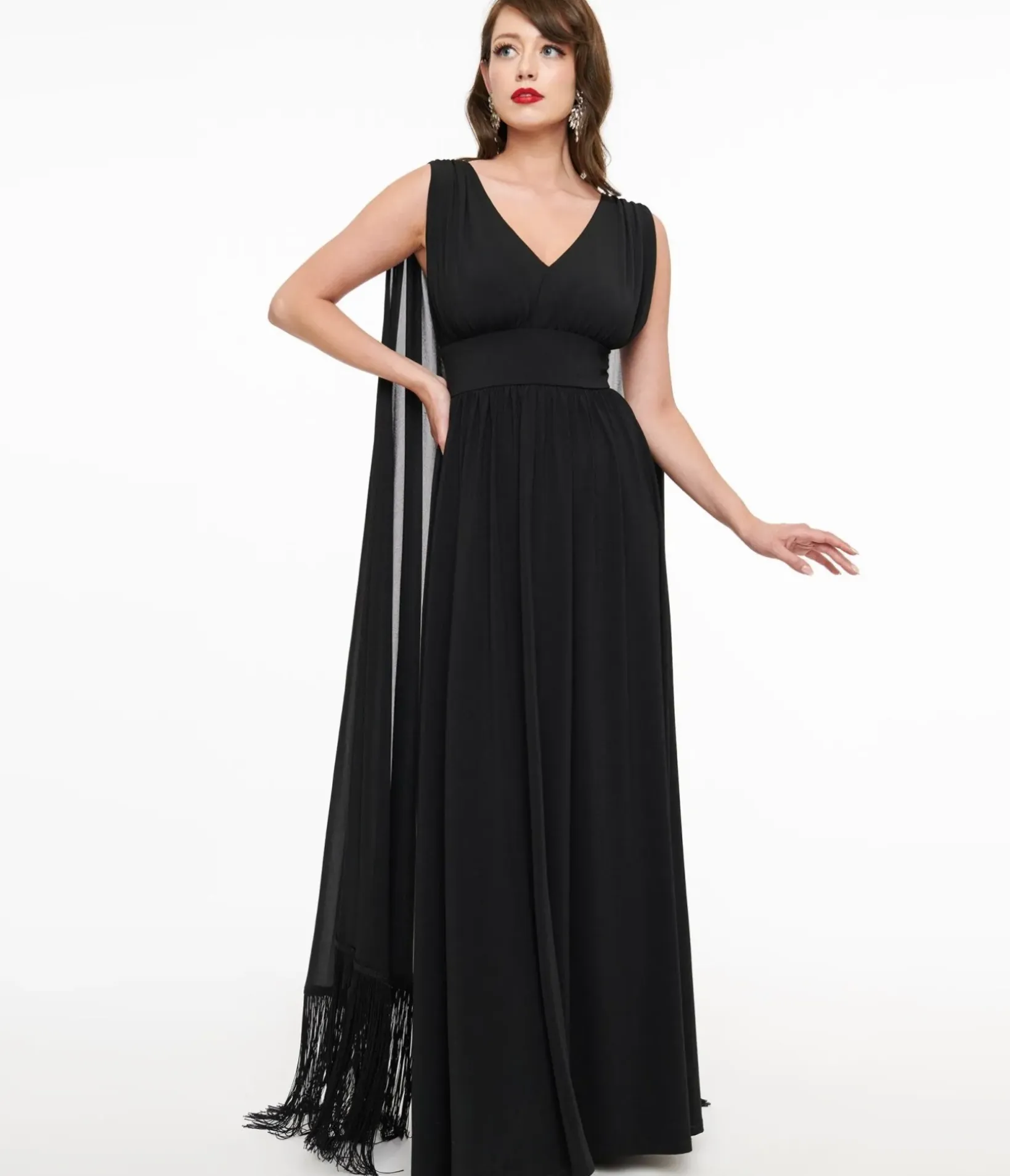Unique Vintage Maxi|Everyday Dresses>Smak Parlour 1970s Black Fringe Cape Maxi Dress