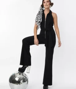 Unique Vintage All Things Black>Smak Parlour 1970s Black Front Zipper Halter Jumpsuit