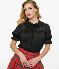 Unique Vintage Blouses|All Things Black>Smak Parlour 1960s Black Lace Puff Sleeve Blouse