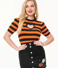 Unique Vintage Halloween>Smak Parlour 1950s Black & Orange Stripe Heart Sweater