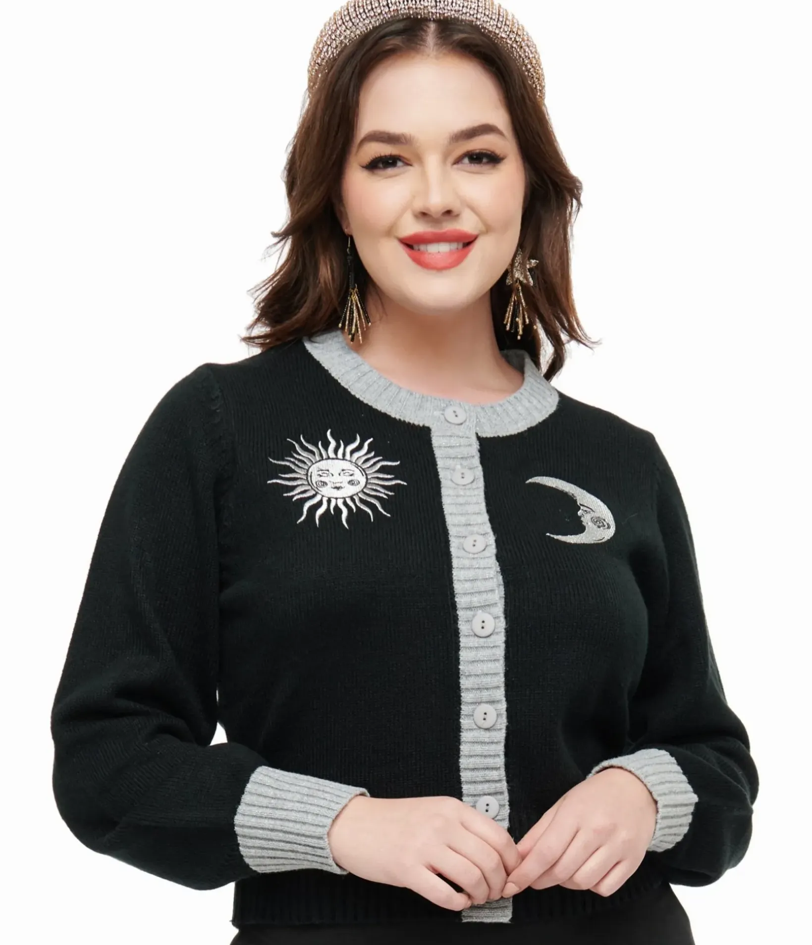 Unique Vintage Sweaters & Cardigans|All Things Black>Smak Parlour 1960s Black & Silver Celestial Embroidered Cropped Cardigan