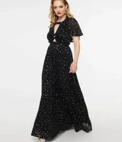 Unique Vintage Maxi|Everyday Dresses>Smak Parlour 1970s Black & Silver Star Cape Maxi Dress